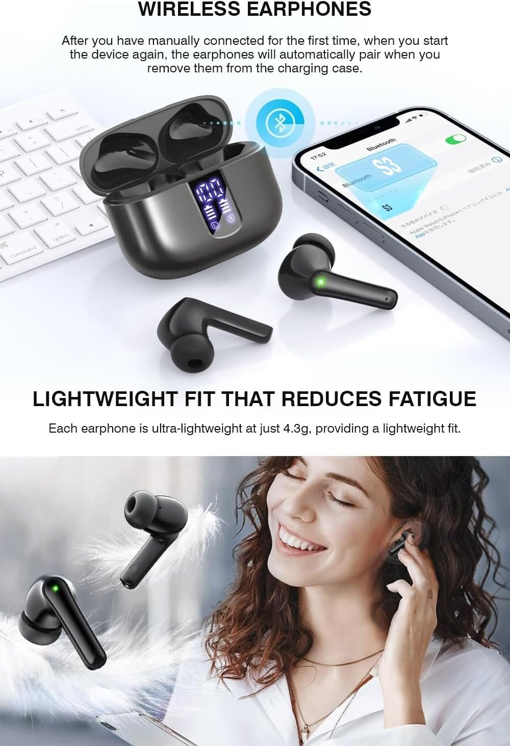 Wireless Earbuds, Bluetooth 5.3 Headphones with HiFi Stereo Sound, 48H Playtime with LED Power Display Charging Case, IP6 Waterproof in-Ear Earphone with Mic for Sport