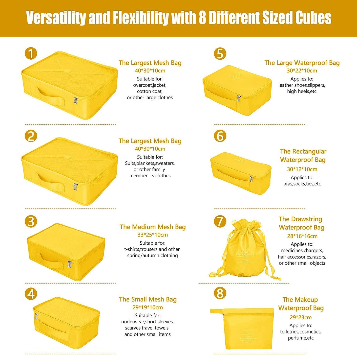 Suitcase Organizer 8 Pieces Latest Travel Design Travel Organizers Include Waterproof Storage Bag Shoe Compression Bags for Travel, yellow
