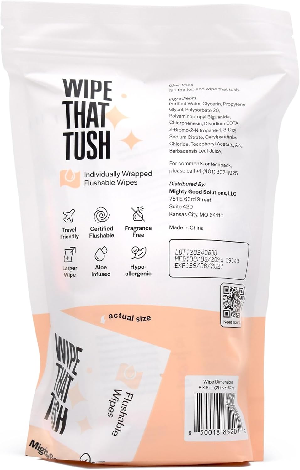 MightyGood. Wipe That Tush Travel Flushable Wipes - 1 Pack of 30 Individually Wrapped Total Hypoallergenic & Fragrance-Free with Aloe Tested Septic-Safe Individual Packs for White