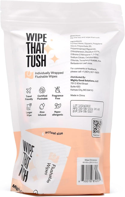 MightyGood. Wipe That Tush Travel Flushable Wipes - 1 Pack of 30 Individually Wrapped Total Hypoallergenic & Fragrance-Free with Aloe Tested Septic-Safe Individual Packs for White