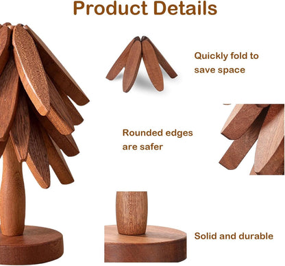 ROXANEPIG Wooden Trivets for Hot Dishes, 4pcs Tree Trivets +1 Stand, Wooden placemat Coaster, Tree Design hot Pot mat, Heat Resistant Folding mat for teapot, pan, Bowl (Black Walnut)