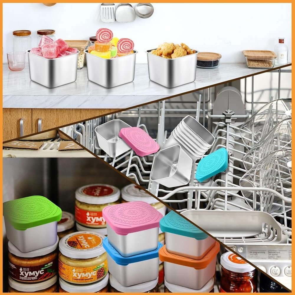 6PACK 6OZ Stainless Steel Snack Containers, Leak Proof Small Food Storage Container with Silicone Lid, Stackable Reusable Small Metal Lunch Bento Boxes Set