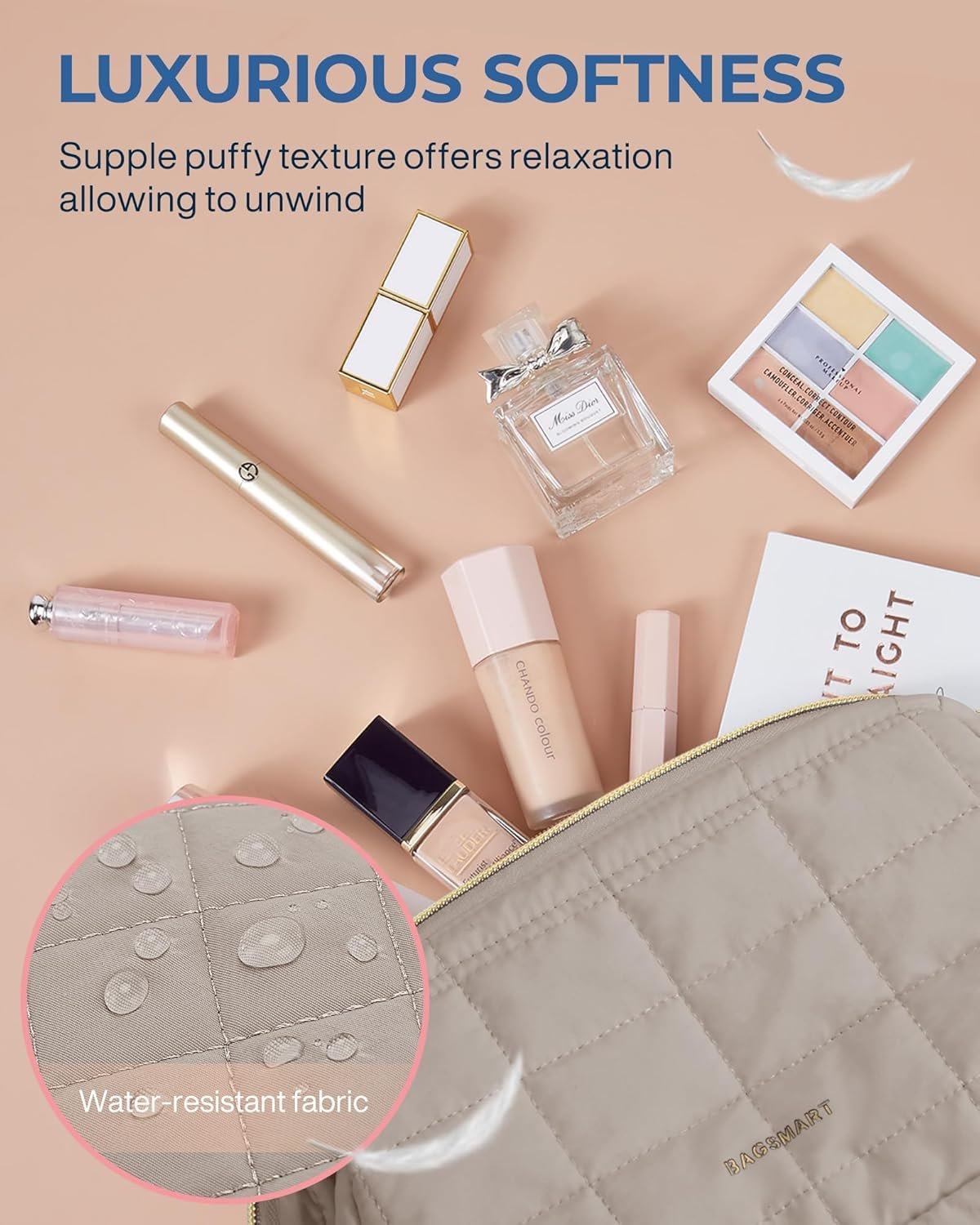 BAGSMART Makeup Bag Travel Cosmetic Bag, Puffy Padded Make Up Bags for Women Makeup Organizer Case, Wide-open Pouch Purse Travel Essentials Toiletries Accessories Brushes, I-Camel, A-M