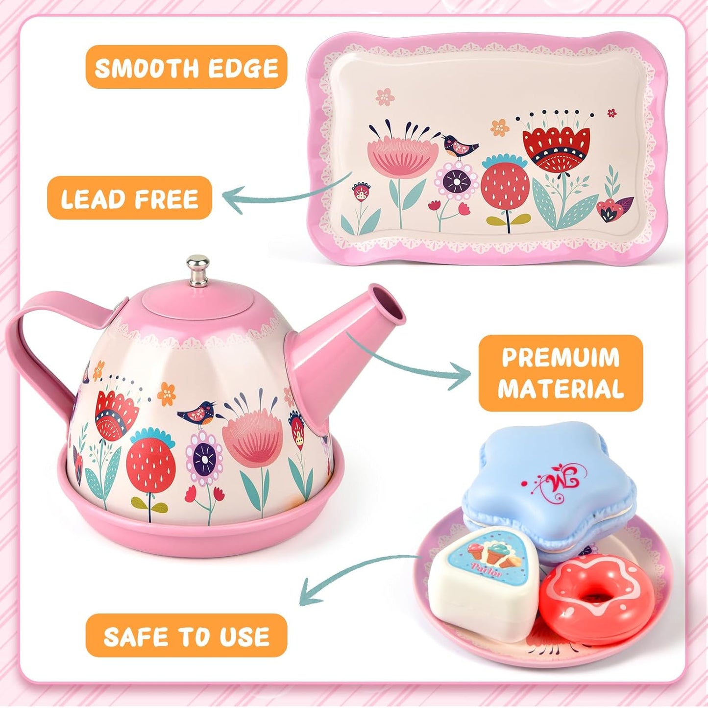 Flower Tea Set for Little Girls, Birthday Gift for Age 3 4 5 6 Year Old, Toddler Toys Tea Party Set for Little Girls, Princess Kids Kitchen Pretend Toy with Tin Tea Set, Desserts & Carrying Case