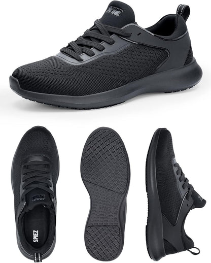 SPIEZ Mens Non Slip Shoes, SRC Slip-Resistant Certified Food Service Shoes, Lightweight Breathable Slip On Work Sneakers Black US7.5-12