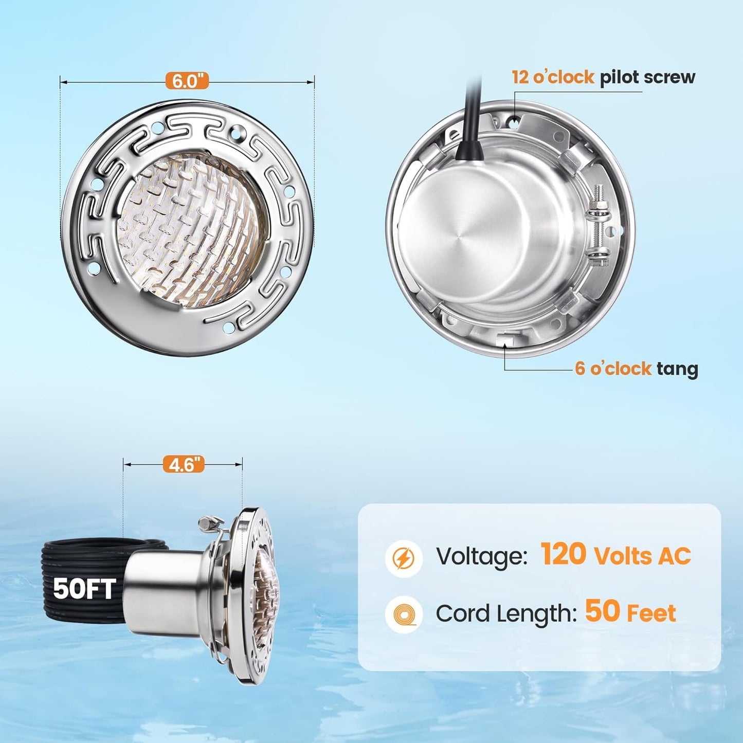 SURAIELEC 6 Inch Small LED Spa Light for Inground Pool, 120V AC 10W Underwater Pool Light, Cool White 6000K, Fits Pentair and Hayward Wet Niches, IP68 Waterproof, 50 FT Cord