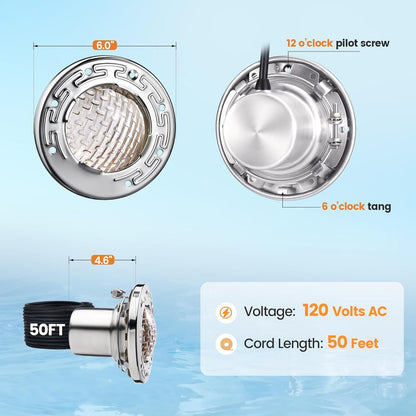 SURAIELEC 6 Inch Small LED Spa Light for Inground Pool, 120V AC 10W Underwater Pool Light, Cool White 6000K, Fits Pentair and Hayward Wet Niches, IP68 Waterproof, 50 FT Cord