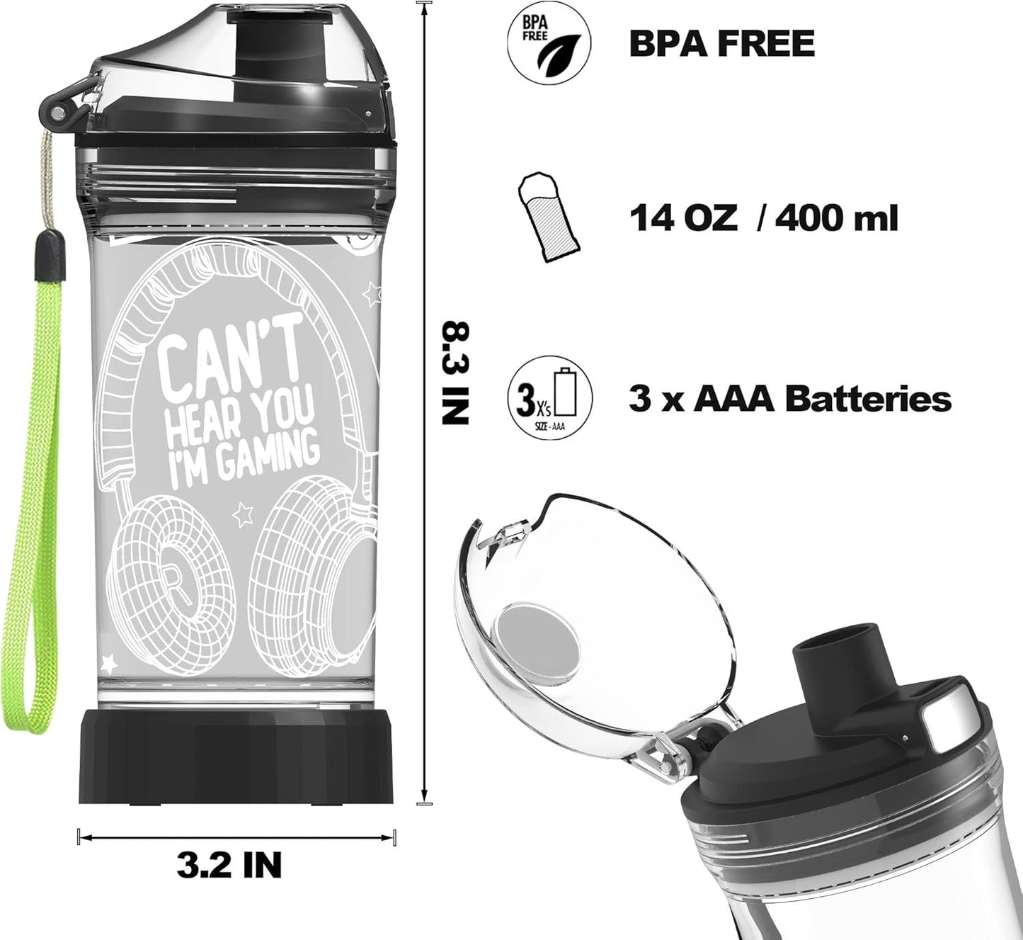 Can't Hear You I'm Gaming Water Bottle, YuanDian 7 Color Lights 3D Light up Drinking Cups Gifts for Gamers, BPA Free Tritan & Leak Proof Flip Top Lid & Easy Clean & Carry Handle, 14oz/ 400ml