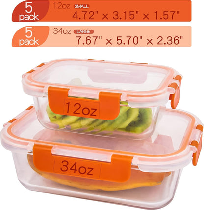 Glass Food Storage Containers with Lids Glass Containers for Meal Prep 10 Pack for Kitchen, Stackable, Airtight & Leak Proof