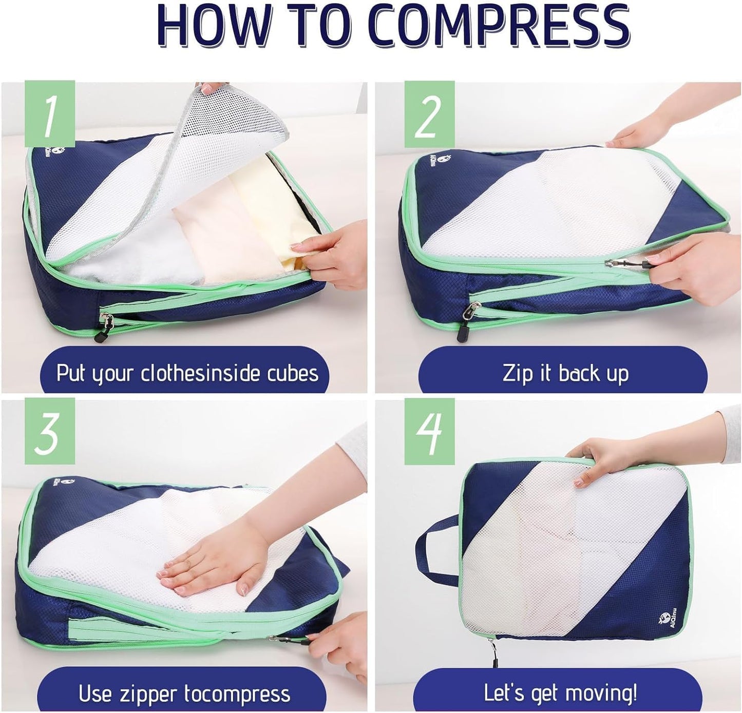 AiQInu 3 Piece Set Expandable Expandable Compression Packing Cube for Clothes, Shoes, Underwear Travel Set for Backpacks or Hand Luggage (Dark Blue)