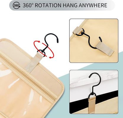 Hanging Travel Toiletry Bag with Hook, 4 Sections Toiletry Bag Travel Bag Water-Resistant Travel Cosmetic Bag Foldable Hygiene Bag for Toiletries, Cosmetics, Makeup, Brushes, Shower (Black)