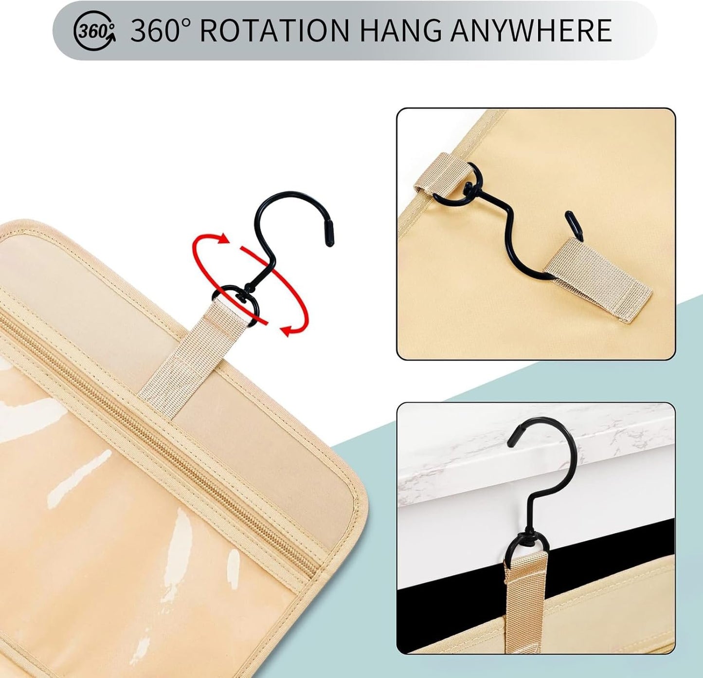 Hanging Travel Toiletry Bag with Hook, 4 Sections Toiletry Bag Travel Bag Water-Resistant Travel Cosmetic Bag Foldable Hygiene Bag for Toiletries, Cosmetics, Makeup, Brushes, Shower (Pink)
