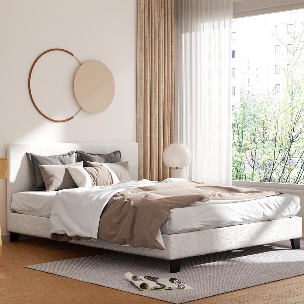 Artiss Queen Bed Frame Platform Wooden Headboard Beds Base Frames Bedroom Room Decor Home Furniture, Upholstered with White Boucle Fabric + Foam + Wood, Modern Design