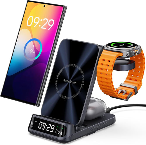 Wireless Charging Station for Samsung, 3 in 1 Wireless Charger for Samsung S25 Ultra/S25+/S25/S24/S23/S22/Z Flip/Fold, for Galaxy Watch 7/Ultra/FE/6/5/Buds 3 Pro, SwanScout 708S (NO Adapter)