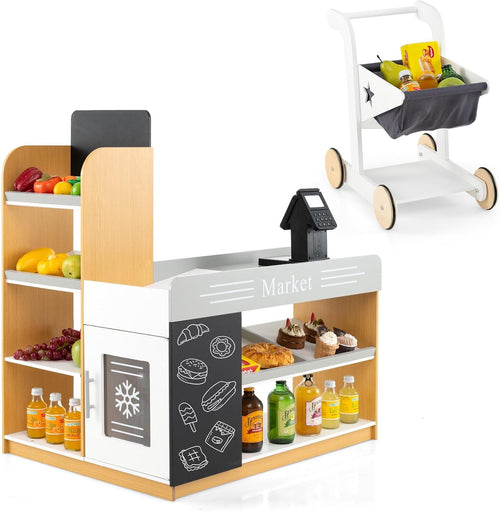 HONEY JOY Pretend Play Grocery Store Set, Kids Market Stand with Shopping Cart, 2 Chalkboards & Cash Register, Wooden Supermarket Playset with Display Shelves, Toy Playset for Children 3+ Years Old
