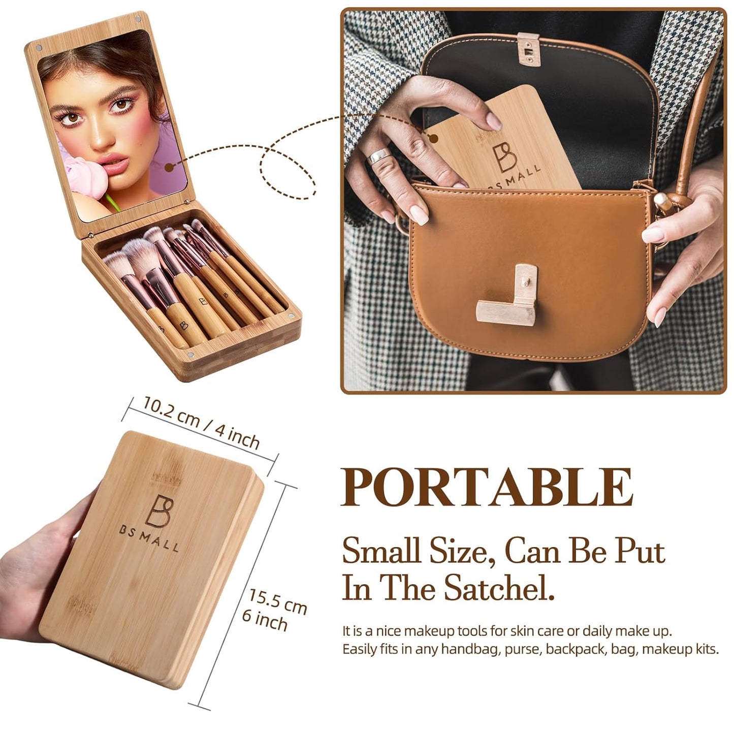 BS-MALL Travel Makeup Brush Set Bamboo Brushes Foundation Powder Concealers Eye Shadows Makeup Set with Mirror Case 14 Pcs