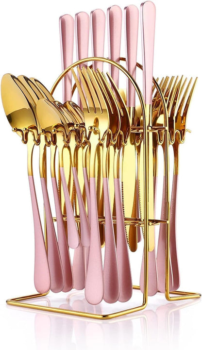 24 Piece Flatware Set, Stainless Steel Cutlery Set with Silverware Holder, Spoons, Forks, and Knives, Utensil Set Service for 6, Gold Mirror Polished and Matte Pink Painted (Pink)