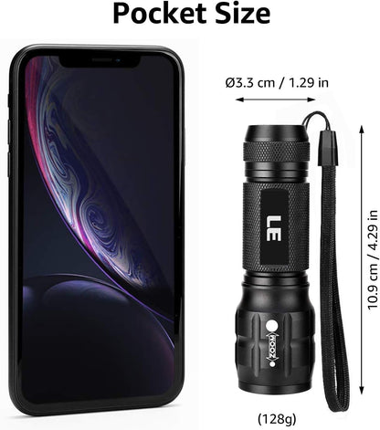 LE LED Torch, Super Bright Battery Powered Flashlight with Adjustable Focus, Waterproof, Handheld Tactical Mini Torches, Lightweight Flashlight for Emergency,Running, 3 AAA Batteries Included