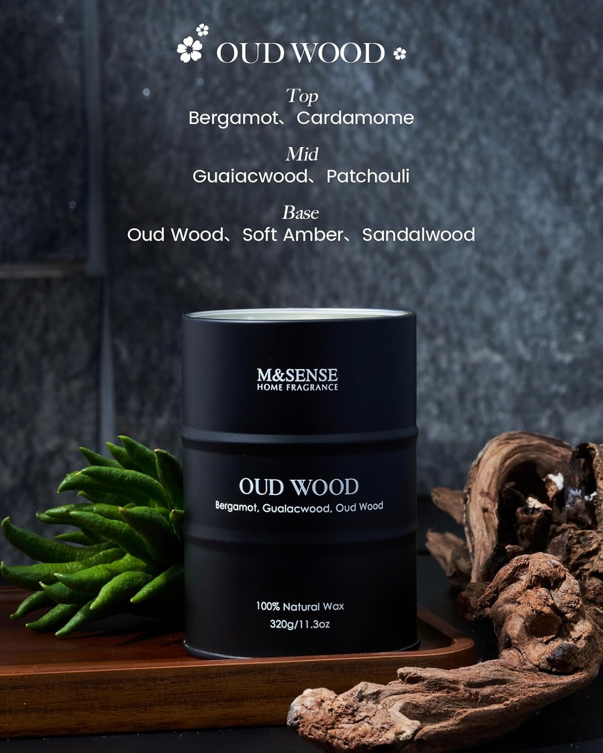 M&SENSE Oud Wood Scented Candles Natural Soy Wax, 11.3oz Tin Candle for Cozy Home Decor, Long Lasting Up to 70 Hours Burning Time, Unique Candle s for Men Women