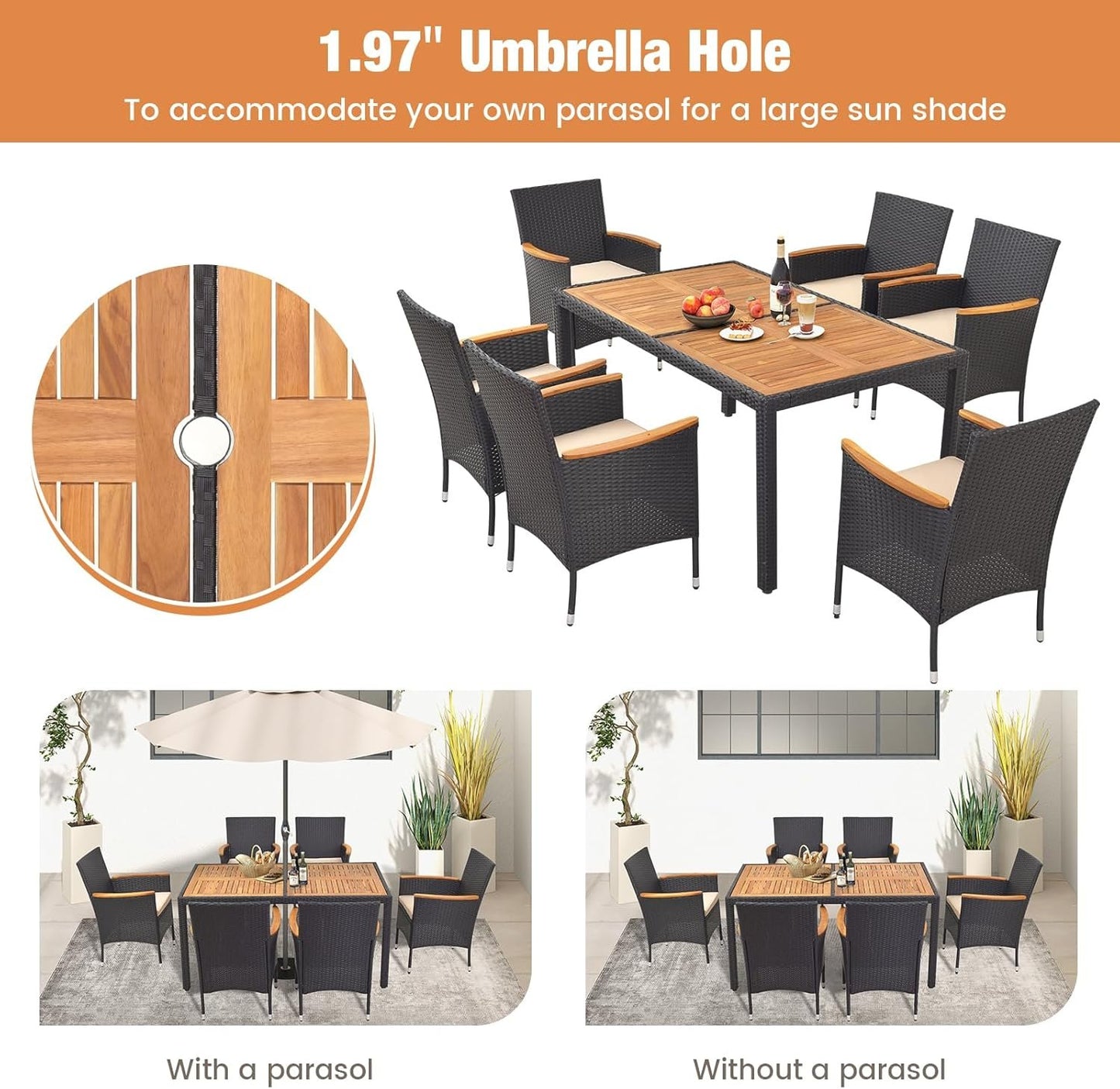 HAPPYGRILL 7 Pieces Outdoor Dining Set, Patio Conversation Set with Umbrella Hole, Acacia Wood Tabletop & Seat Cushions, Dining Table with 6 Rattan Wicker Chairs for Backyard Poolside Deck