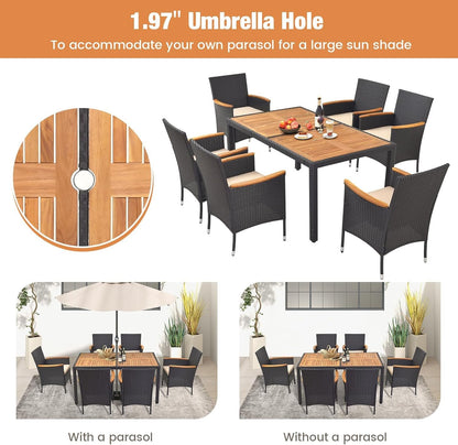 ORALNER 7 Pieces Outdoor Dining Set, Wicker Dining Table and Chairs Set with Acacia Wood Table Top, Seat Cushions, Rattan Patio Dining Table Set for 6, Garden Yard Poolside Deck, Brown