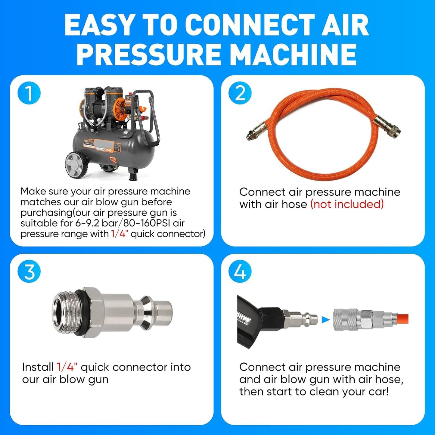 MYPIN Aluminium Car Cleaning Gun with Tapered Nozzle, 6-9.2Bar with 2 Set Nozzle, Pressure Air Blower Blow Gun Producing Powerful Blast of Air for Cleaning Cars, Velvet, Furniture and Carpets