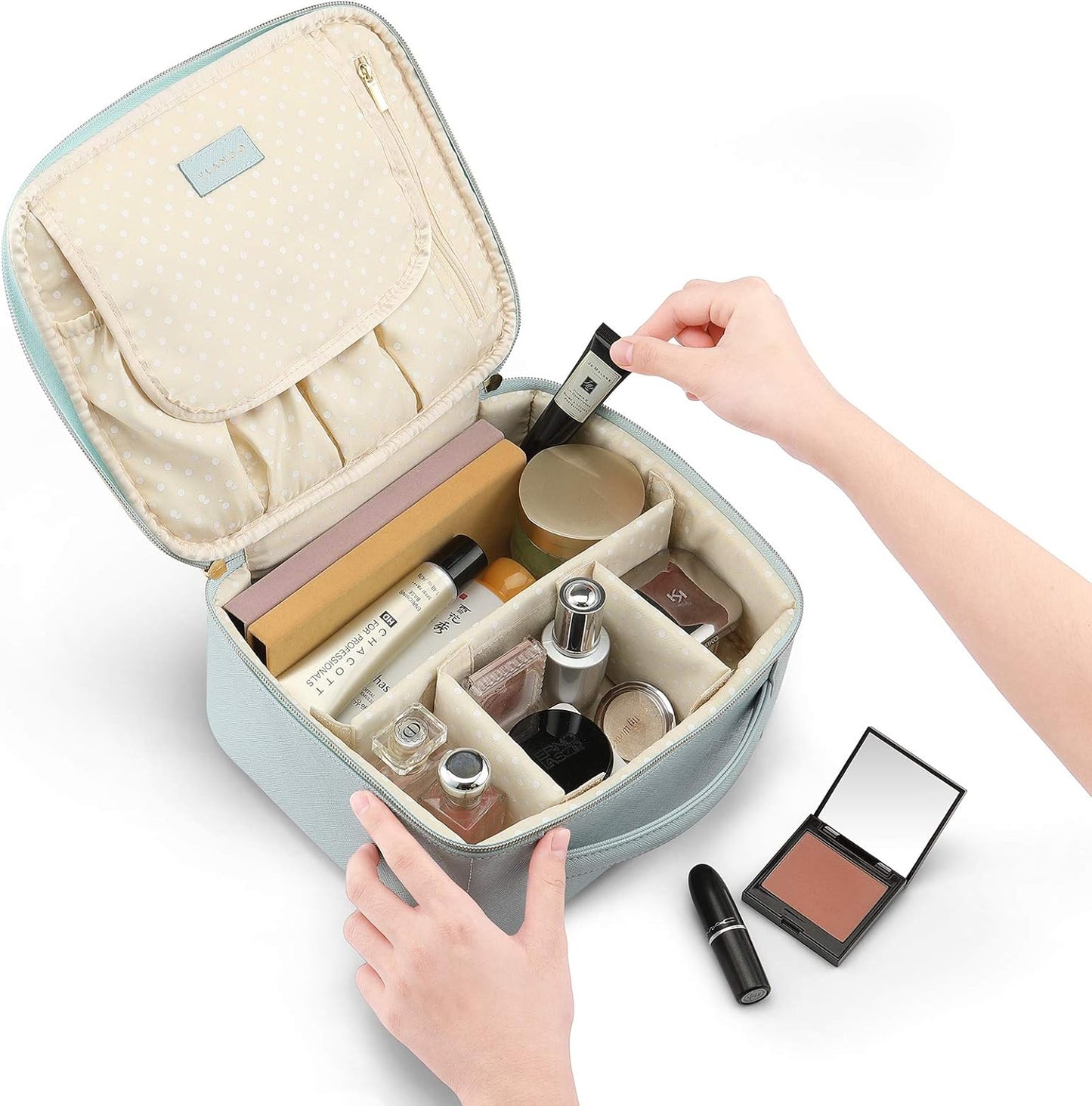 Vlando Travel Makeup Bag Faux Leather Large Make Up Bag Makeup Organzier Bag for Women with Adjustable Dividers for Makeup Brushes Travel Accessories (Blue)