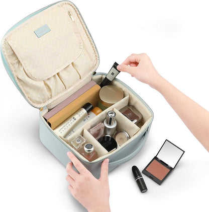Vlando Travel Makeup Bag Faux Leather Large Make Up Bag Makeup Organzier Bag for Women with Adjustable Dividers for Makeup Brushes Travel Accessories (Blue)