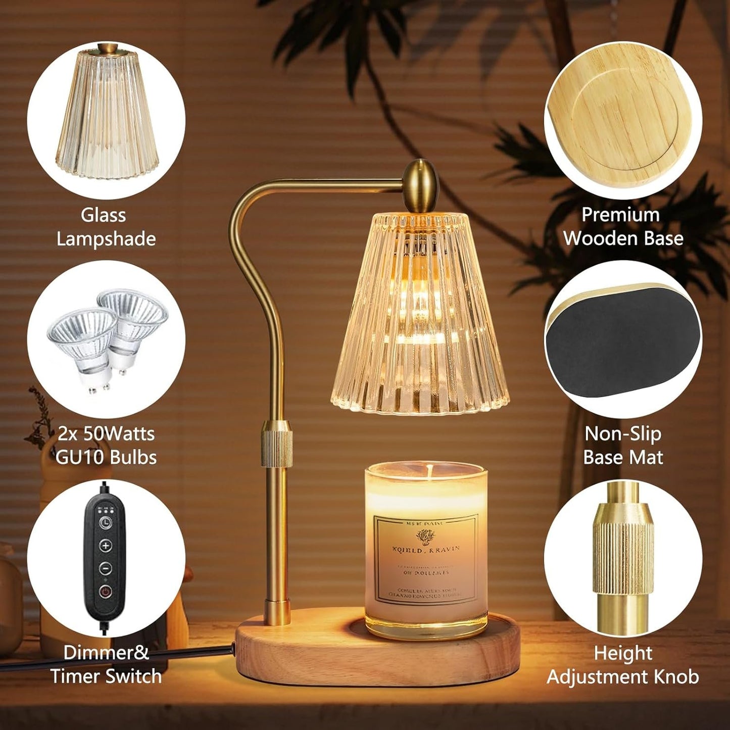 Candle Warmer Lamp with Timer and Dimmer Adjustable Height, Candle Warmer with 2 Bulbs for Scented Jar Candles Home Decor Christmas Gifts