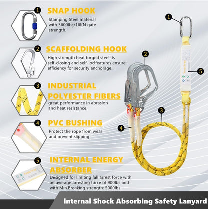 Fall Protection Full-Body Safety Harness, Vented & Padded Shoulder, Legs & Back