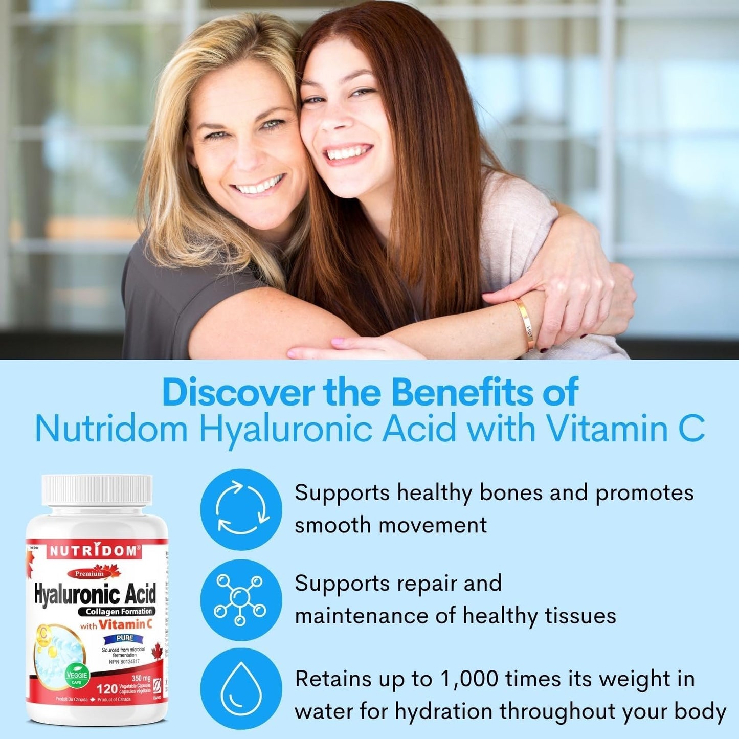 Nutridom Hyaluronic Acid Supplements 200mg with Vitamin C (120 count) Vegan, Non-GMO, Gluten-free, Dairy-free, and Soy-free