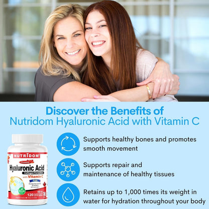 Nutridom Hyaluronic Acid Supplements 200mg with Vitamin C (120 count) Vegan, Non-GMO, Gluten-free, Dairy-free, and Soy-free