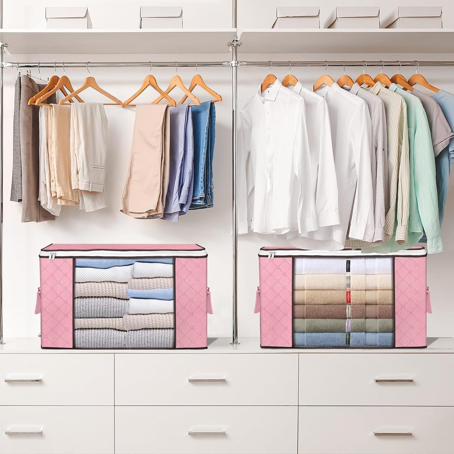 90 L Large Storage Bags 6 Pack Clothes Storage Bins Foldable Closet Organizer Storage Containers Storage and Organization for Blanket Comforters Bed Sheets Pillows (Pink)
