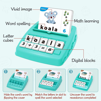 KaeKid Kids Learning Toys for 3 4 5 6 7 8 Year Olds, Matching Letter Spelling Games with 32 Flash Cards, Math Learning Preschool Educational Game, Birthday Boys Girls (Green)