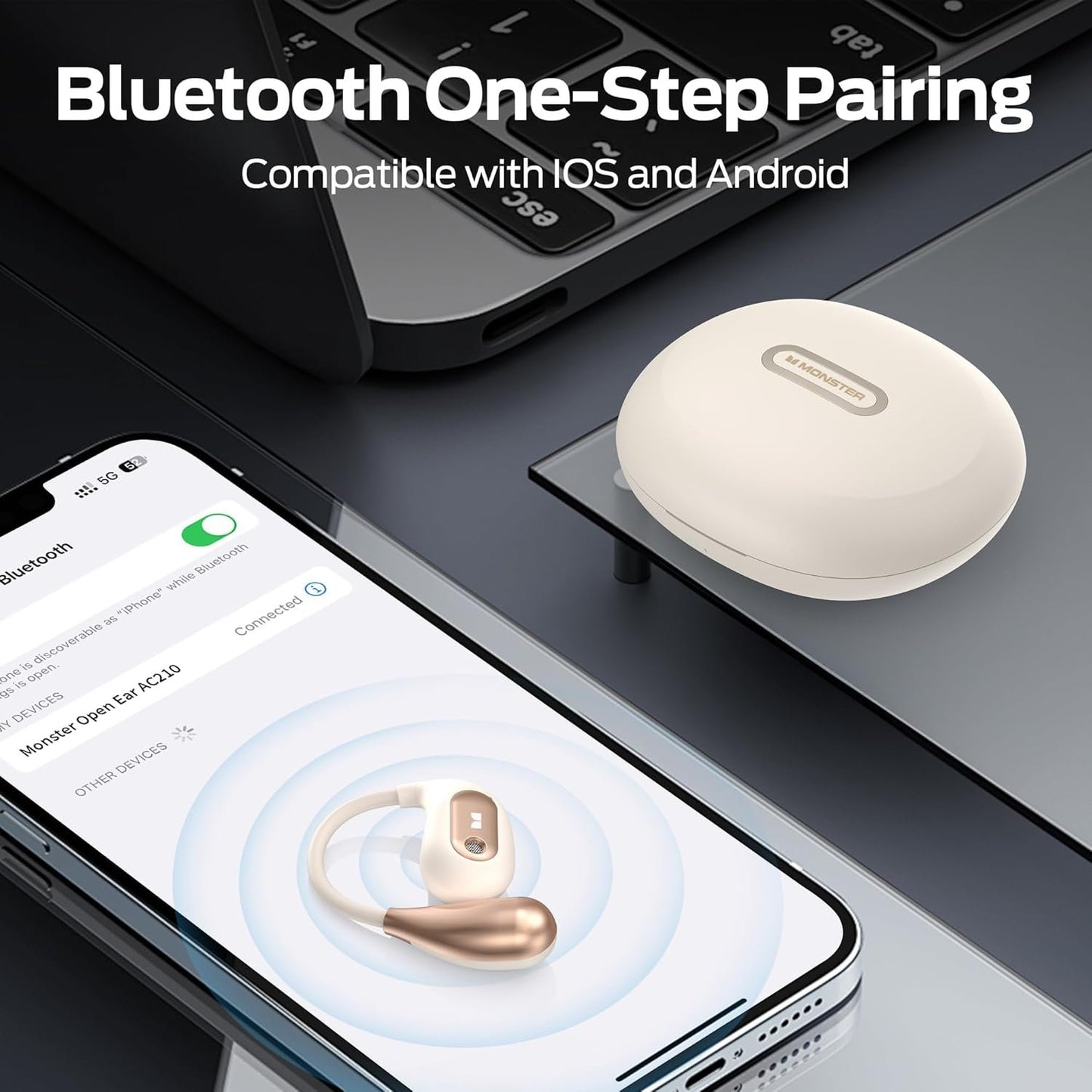 Monster Open Ear AC210 Ear Buds, Bluetooth 5.4 Earphones Stereo Sound, Wireless Headphones 30 Hours Playback, Type-C Charging, HD Clear Calls, Touch Control, IPX5 Waterproof Open Ear Earbuds,White
