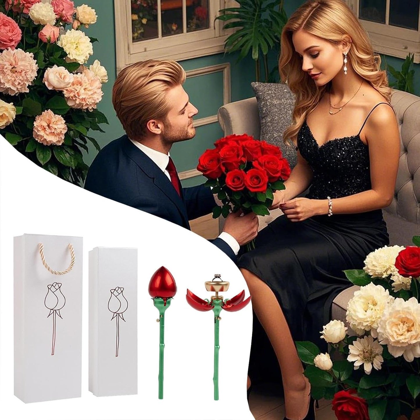 Hogvinnatil Flower Ring Box for Suggestion, Flower Ring Case - Flower Jewellery Ring Box with Stem | Push Up Automatic Open Jewellery Storage Holder, Romantic Organiser for Ear Sticks Earrings
