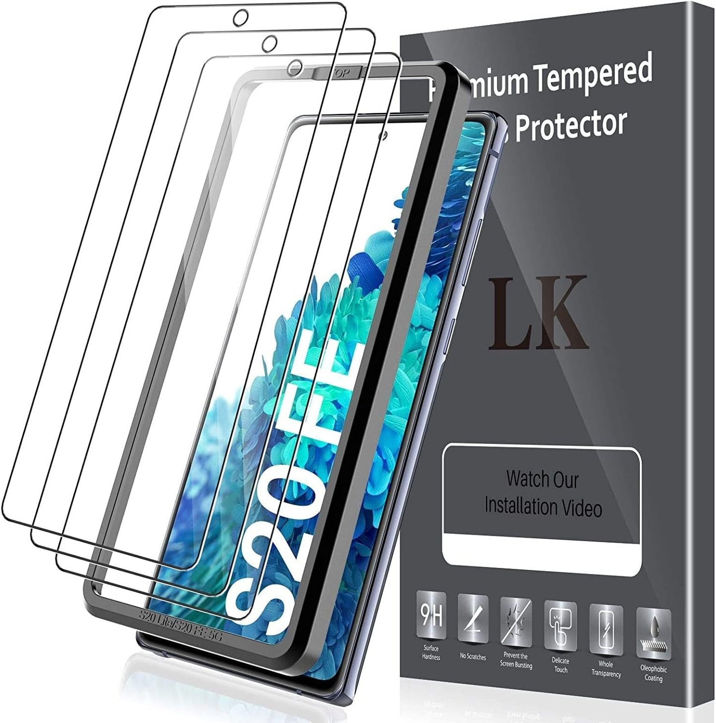 LK 3 Pack Screen Protector Compatible for Samsung Galaxy S20 FE 5G 6.5 inch, Tempered Glass HD Transparent, Easy Frame Installation, Bubble Free, Case Friendly