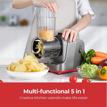 Electric Cheese Grater, 250W Professional Electric Slicer Shredder, Electric Salad Machine for Fruits, Vegetables, Cheeses, Salad Maker with 5 Free Attachments