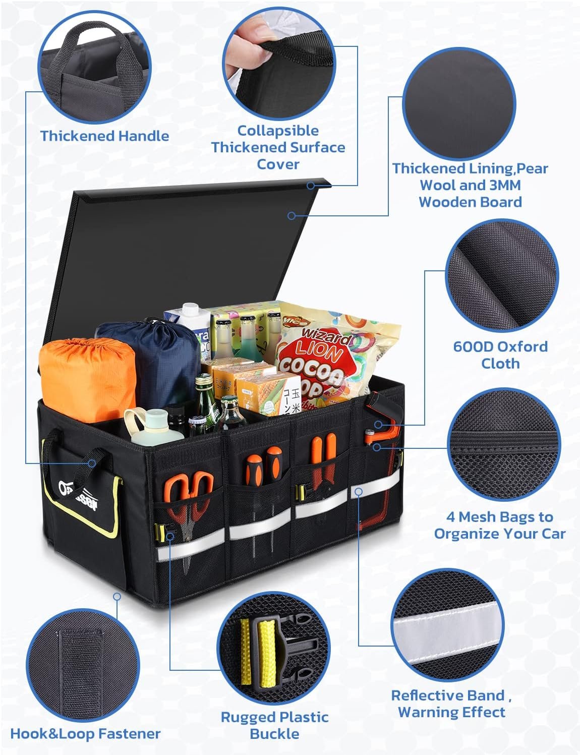 Oasser Car Trunk Organizer for SUV, Car Trunk Storage Organizer Collapsible Multi-compartments Cargo Storage Box with Foldable Cover, Reflective Strip, Non Slip Bottom E3A Black