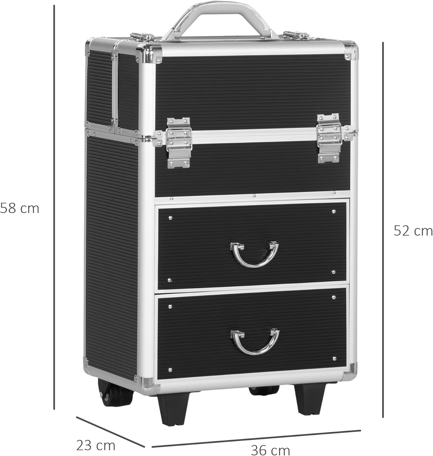 HOMCOM Professional Makeup Case, Reinforced Make Up Trolley in MDF, Aluminium and Steel, Lock with 2 Keys and Wheels, 36 x 23 x 58 cm, Black, modern