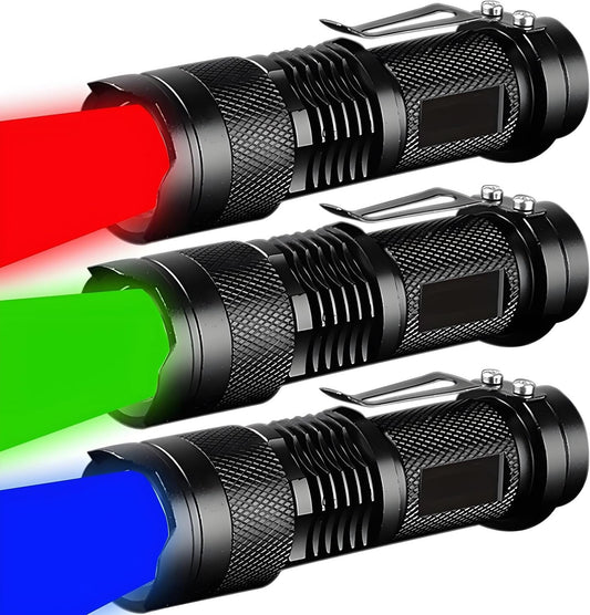 3 Pack Red Green Blue Light Bright Small Flashlights, LED Mini Flashlight High Lumens Pen Light with 3 Modes, Zoomable Torch with Clip, Flash Light for Camping,Outdoor,Emergency
