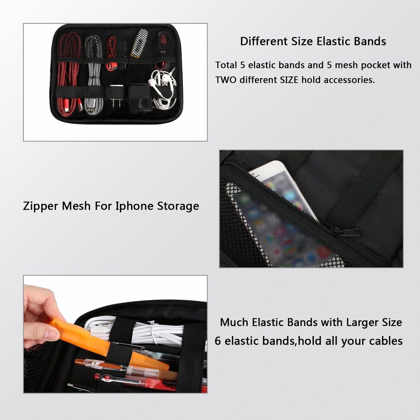 MATEIN Travel Cable Organizer, Waterproof Cable Bag for Travel Accessories, Multifunctional Charger Cable Organizer, Data Cable, Mouse, USB Stick, Mini Tablet, Black