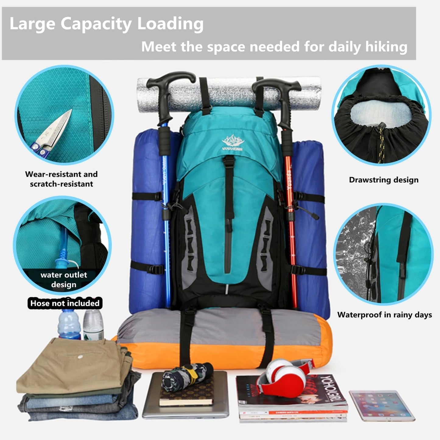 Hiking Backpack,HXDream Outdoor Sport Daypack Travel Bag,60L Travel Backpack with Rain Cover,Suitable for mountaineering, camping, tourism