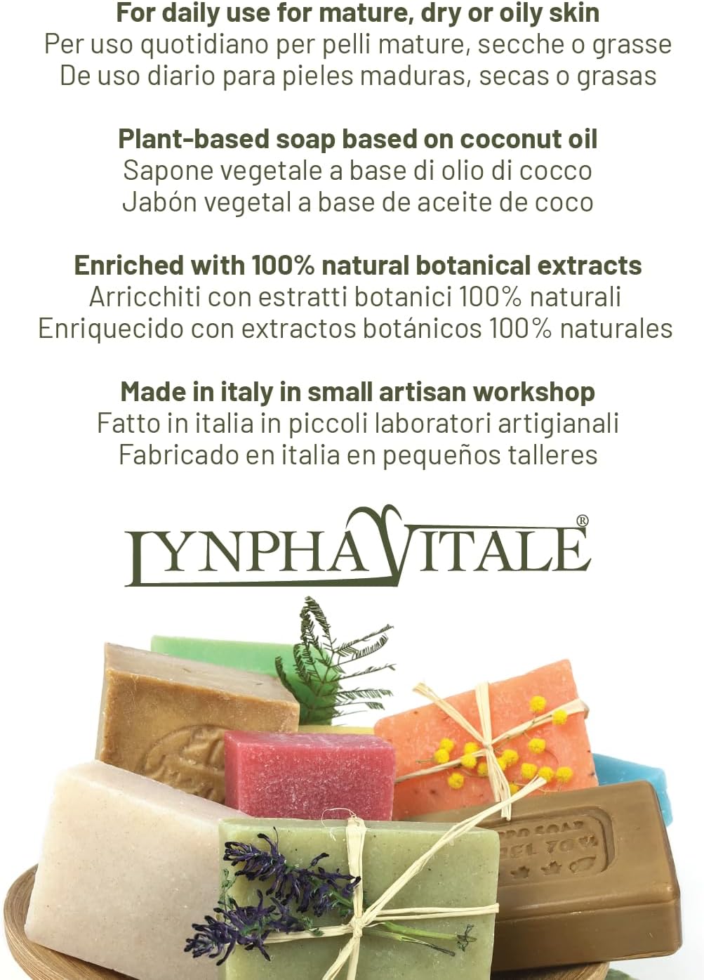 LYNPHA VITALE - Handmade Soap Kit - Almond, Wheat Germ, Royal Jelly and Hemp - 3 Made in Italy Soaps based on Coconut Oil