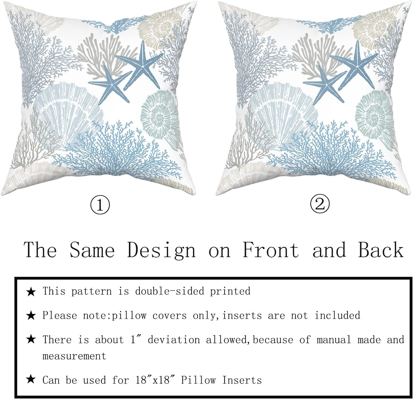 Nautical Coastal Throw Pillow Covers 18x18 Inch Summer Ocean Themed Seashell Coral Starfish Pillow Cases Set of 2 Soft Cotton Square Cushion Covers for Home Couch Sofa Patio Bedroom
