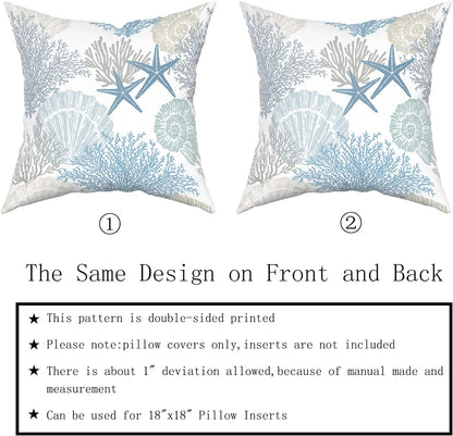 Nautical Coastal Throw Pillow Covers 18x18 Inch Summer Ocean Themed Seashell Coral Starfish Pillow Cases Set of 2 Soft Cotton Square Cushion Covers for Home Couch Sofa Patio Bedroom