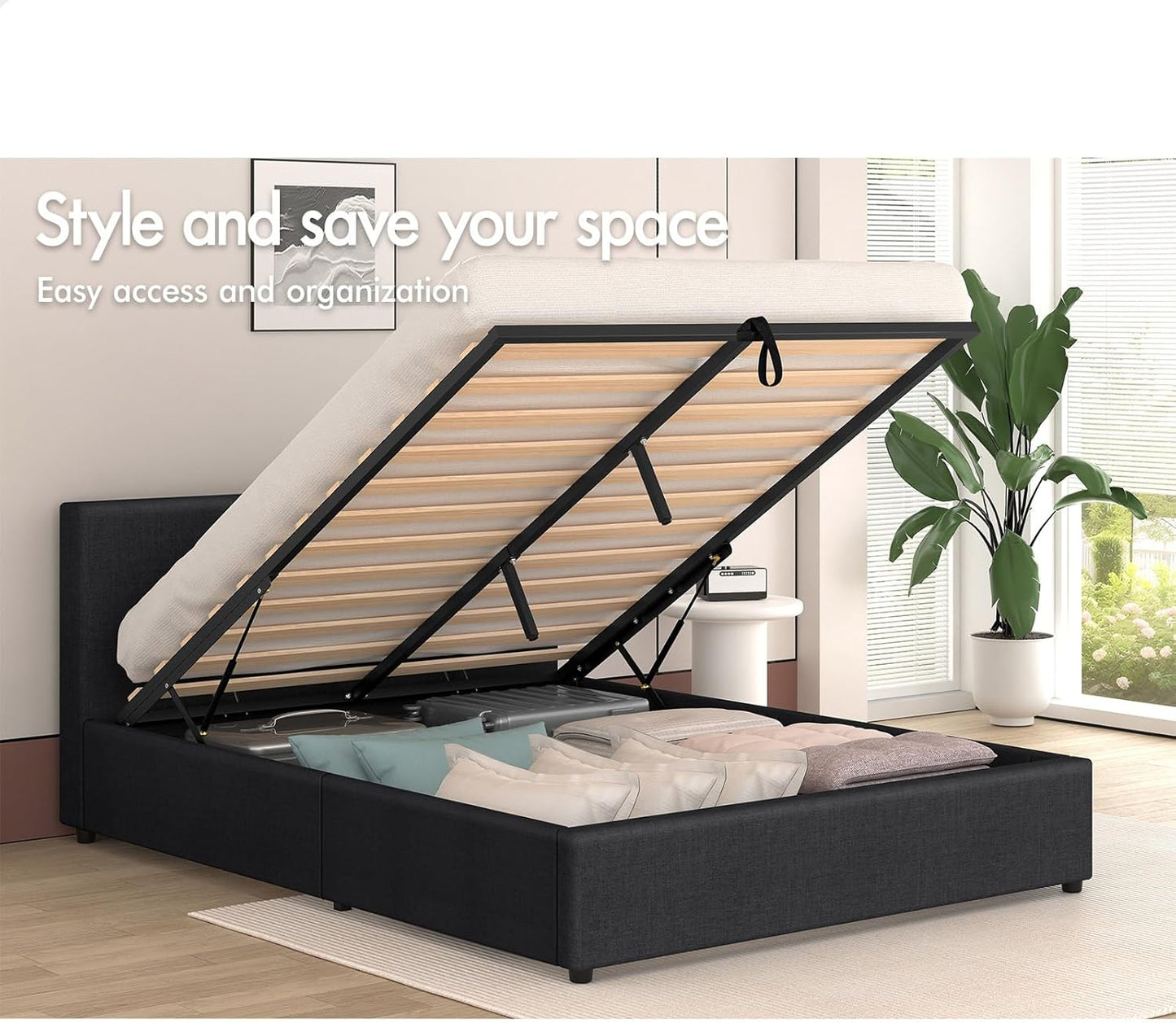ALFORDSON Bed Frame with Gas Lift Storage Base Double Size, Bed Platform Foundation with Linen Fabric Upholstered Tufted Headboard for Mattress Topper, Tricia Fabric Charcoal