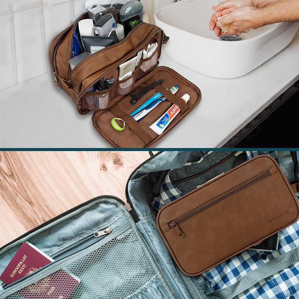 PAVILIA Toiletry Bag for Men, Travel Toiletries Bag | Water-resistant Dopp Kit, PU Leather Shaving Pouch Organizer for Accessories, Cosmetic, Hygiene, Grooming Essentials (Brown)