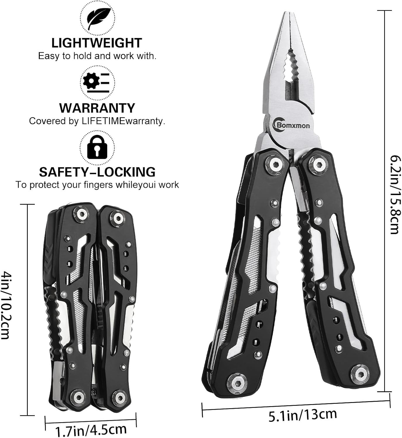 Multitool Pliers 13 in 1, Stainless Steel Multi Tool Pliers Pocket Knife with Safety Lock for Camping Survival Hiking DIY Gifts for Men