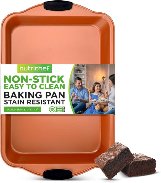 NutriChef 10â€ Non Stick Cake Square Pan, Deluxe Gold Carbon Steel Pan with Blue Silicone Handles, Quality Metal Bakeware for Cooking & Baking Cake Loaf, Muffins & More, Compatible with Model NCSBSG36